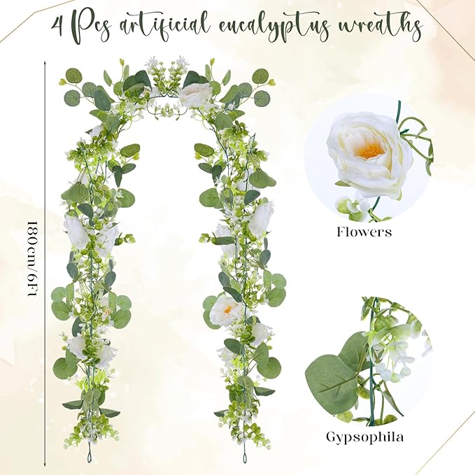 SHENLIU 4 Pack 26Ft Artificial Eucalyptus Flower Garland with White Roses, Faux Rose Vine Gypsophila Greenery Garland Floral Vines for Wedding Home Party Table Decor