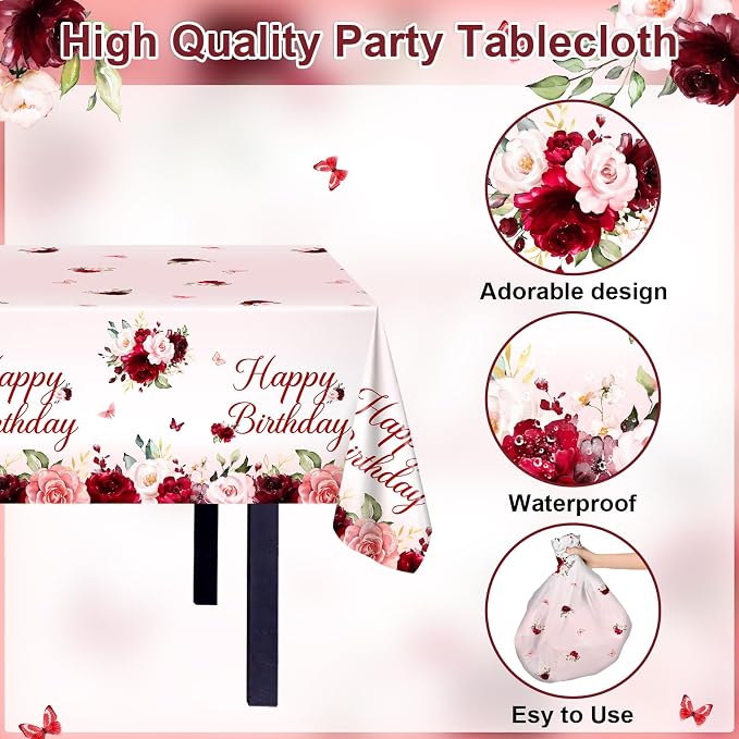 Burgundy Birthday Party Decorations 169 Pcs Burgundy Plates and Napkins Cups Tablecloth Serve 24 Rose Gold Floral Butterfly Party Supplies for Women Girl