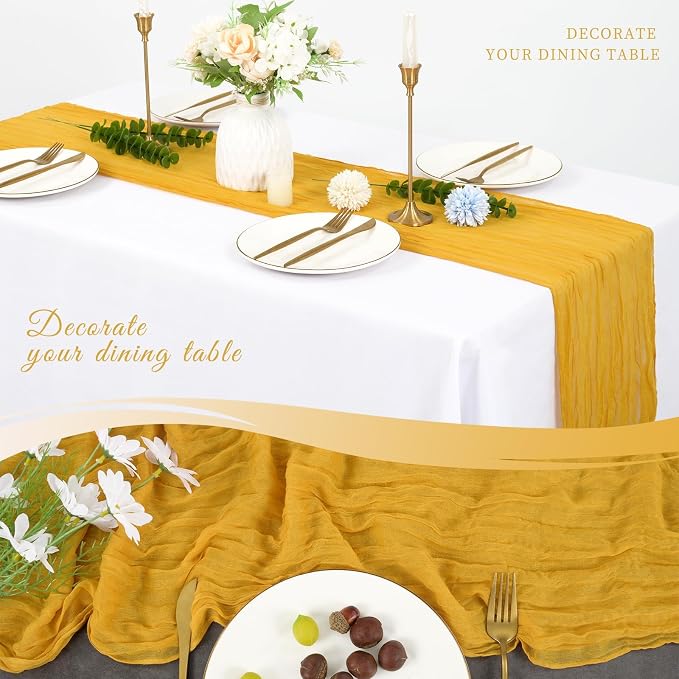 20 Pack Cheesecloth Table Runner 17 x 108 inch Long Boho Gauze Table Runners Semi Sheer Table Runner for Wedding Decor, Baby Shower, Birthday Party, Banquet (Gold)