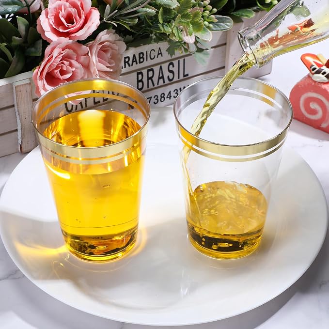 Sliner 50 Pcs Hard Plastic Cups Double Rimmed Plastic Cups Heavy Duty Fancy Wine Glasses for Holiday Christmas New Year Winter Birthday Party Supplies(14 Oz,Gold)