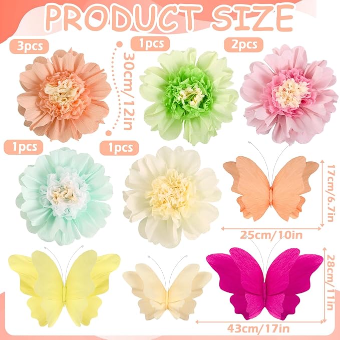 SUNBEAUTY Giant Paper Flowers Large Hanging Butterfly Decorations 10‘’ 17‘’ 3D Paper Butterfly Pastel Tissue Paper Flower Decorations for Girls Women Birthday Spring Garden Garden Wedding Party Decor