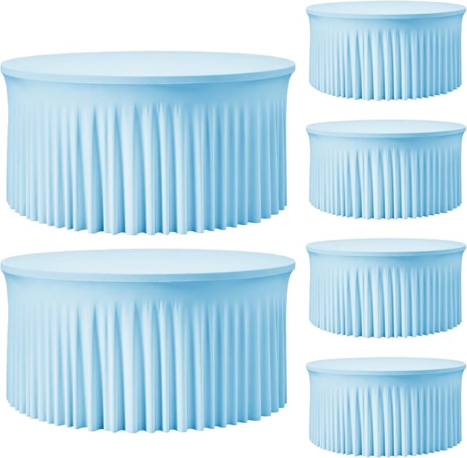6 Pack Baby Blue 60 inch Round Spandex Tablecloth,Wrinkle-Free Stretchy Fitted 5FT Round Tables,Elastic Edge with Skirt,Washable Tablecloths for Wedding Banquet Party Birthday Buffet