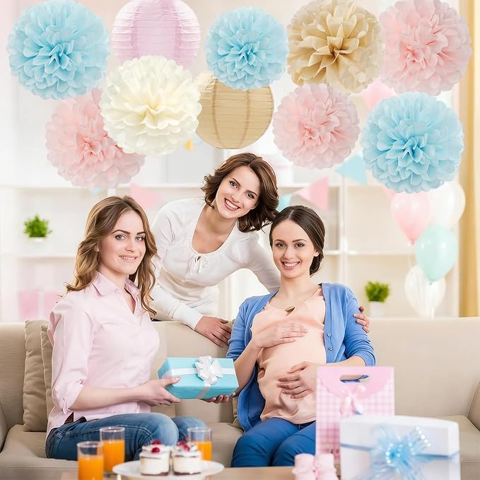 Light-Blue Pink Champagne Gender-Reveal Party-Decorations - 15pcs Boy Or Girl Paper Flowers Tissue Pom Poms Lanterns Streamers,Birthday Bear Baby Shower Neutral Hanging Supplies Decor Hugfond