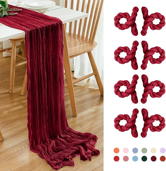8 Pack 10Ft Table Runner 35x120 inch Burgundy Boho Gauze Table Cheese Cloth Long Wrinkled Sheer Table Runner for Wedding Bridal Shower Birthday Party Table Decor
