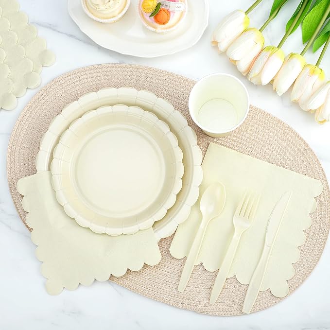 25 Set Party Plates and Cups and Napkins Ivory Scalloped Dinnerware | 175 Pcs Beige Party Supplies Include 9" Cream Plates, 7" Dessert Plates, 6.5 Inch Napkins for Wedding, Bridal&Baby Shower