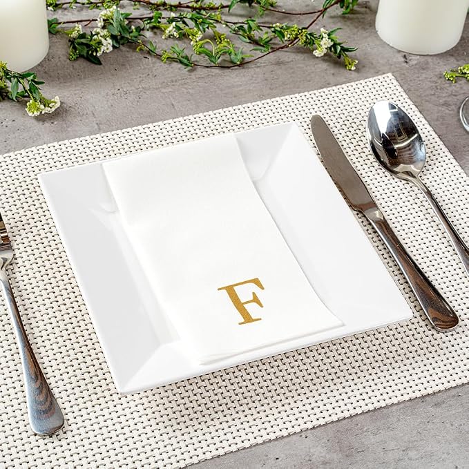 Luxenap 15.8 X 7.9 Inch Linen-Feel Guest Towels, 50 Lettered Hand Towels - Gold Letter 'F', Sans Serif Font, White Paper Dinner Napkins, airlaid, For Restrooms And Tables - Restaurantware