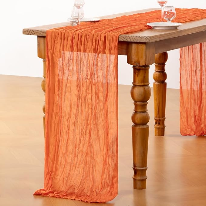DeZerlor Orange Cheesecloth Table Runner 4 Pack Spring Easter Table Runners Boho Gauze 120 Inches Cheese Cloth Table Decor for Wedding Bridal Baby Shower Parties