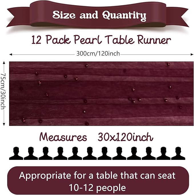 12 Pack 10FT Pearl Table Runner 30x120 Inch Burgundy Tulle Fabric Boho Rustic Sheer Table Runners Lace Table Cloth for Wedding Bridal Shower Birthday Party Arch Veil Dessert Table Decor (Burgundy)
