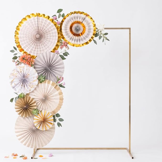 PapaKit 8-Piece Origami Paper Fan Set - Ivory & Marble & Gold Metallic - Reusable Hanging Pinwheel Wall Backdrop for Birthday, Wedding, Bridal Shower, Baby Shower, & Boho Party Decorations