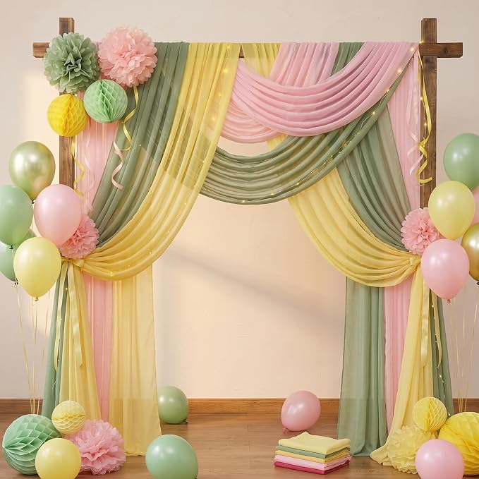 Boao 6 Pcs Pink and Sage Green Party Decorations Table Runner Cloth 10Ft Boho Sheer Rustic Fabric for Wedding Birthday Party Baby Bridal Shower Graduation Dawn Sunset Decor