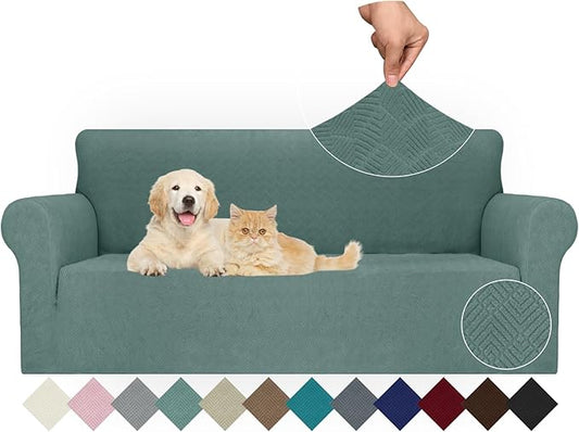 JIVINER Stretch Sofa Covers 1 Piece Couch Covers for 3 Cushion Couch Sofa, 3 Seater Sofa Slipcovers Furniture Protector with Elastic Bottom for Kids, Pets (Pea Green, Sofa)