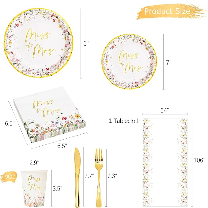 Crisky Bridal Shower Plates and Napkins Gold Miss to Mrs Floral Disposable Paper Tableware Set of 24 for Wedding Bridal Shower Decorations (9" & 7" Plates, Napkin, Cups, Tablecloth, Knife & Fork)