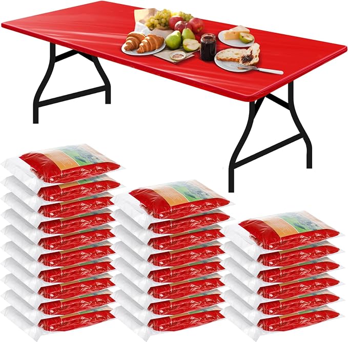 Boao 24 Pcs Summer Plastic Table Cloth Rectangle Picnic Table Covers Elastic Fitted Tablecloth, Disposable Waterproof for Camping, Indoor, Outdoor(Red,6 Ft, 72 x 30 Inch)