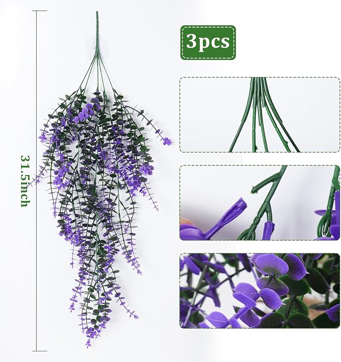 RECUTMS Artificial Plants Fake Eucalyptus Plants Faux Hanging Leaves Green Plant Artificial Hanging Plant for Indoor Home Room Kitchen Table Outdoor Patio Garden Yard Decor(Purple)