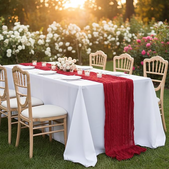 3 Pack Red Cheesecloth Table Runner 120 Inch 10FT Cheese Cloth Fabric Runners for Banquet, Valentine's Day, Independence Day, Retro Decoration