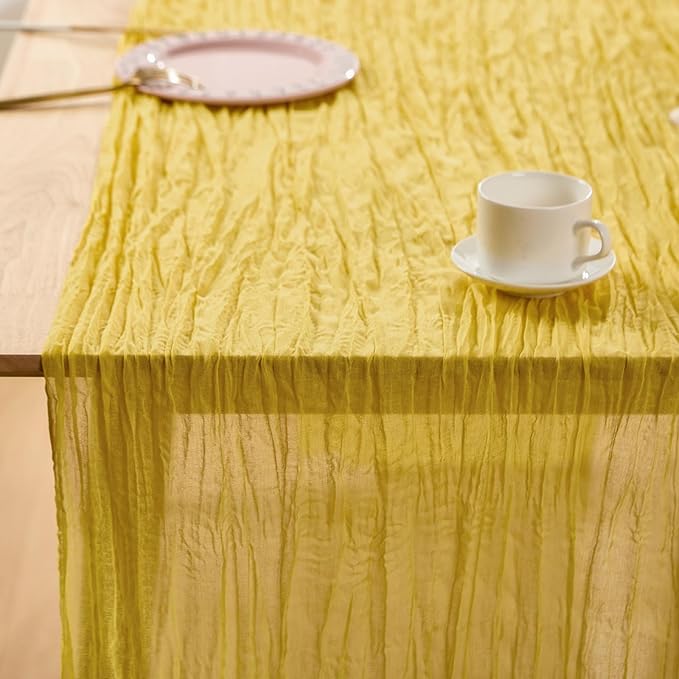 Yellow Spring Table Runner Boho Cheesecloth Table Runner 120 inches Crinkled Gauze Sheer Mother's Day Table Centerpieces for Wedding Ceremony Anniversary Bridal Baby Shower Banquet