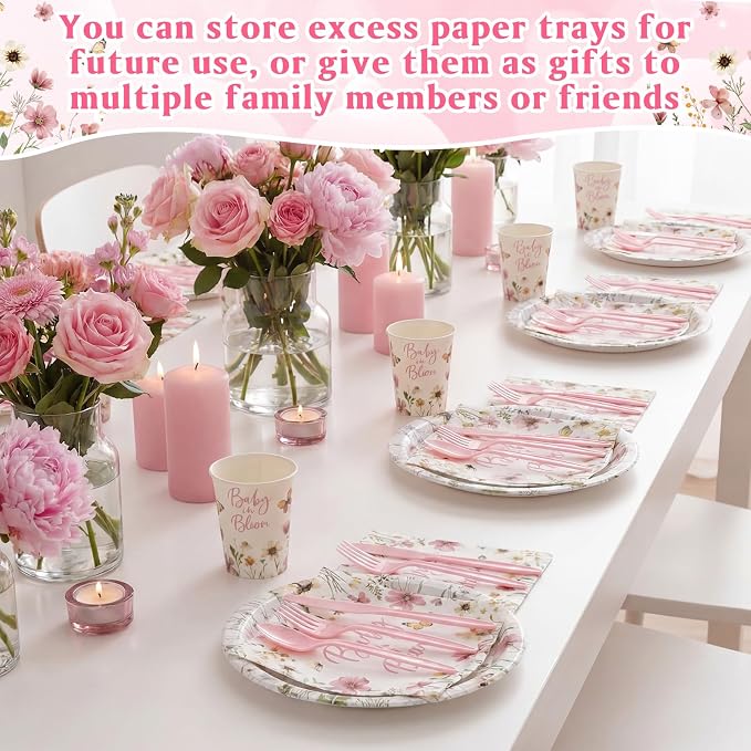 Funnymoom 400 Pcs Baby in Bloom Party Supplies for 50 Guests Pink Floral Baby Shower Paper Plates and Napkins Knives Spoon Fork Cup Disposable Wildflower Dinner Party for Spring Greenery Favor