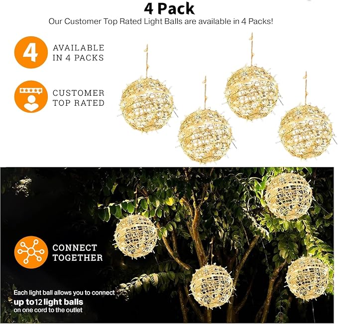 Outdoor Christmas Balls Lights 4 Pack Hanging 7.1" LED Garden Sphere Tree Lights 8 Modes Waterproof Glow Globe Lights with Memory Timer Plug for Party Yard Porch Eave Patio Xmas Decorations-Warm White