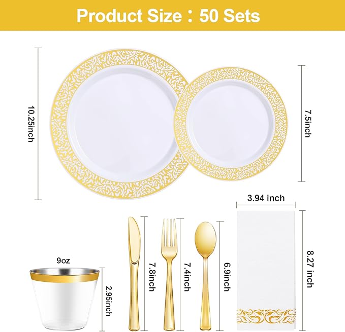 Bestluck 350PCS Gold Plastic Dinnerware Set for 50 Guests, Disposable Plates for Party, Wedding and Dinner, Include 50 Dinner Plates, 50 Dessert Plates, 50 Set Silverware, 50 Cups, 50 Napkins