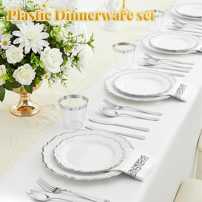 Glowserve 175 Piece Disposable Plastic Plates Dinnerware Set for 25 Guests | 50 Plastic Plates,25 Silverware Set,25 Cups and Napkins,Party Wedding Birthday,Family Gathering,Fancy Plastic Plates