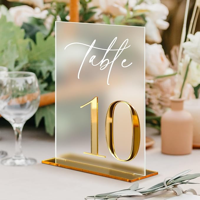 Acrylic Wedding Table Numbers 1-10 with Stands, 5"x7" Frosted Acrylic Place Cards with 3D Gold Mirror Numbers, Frosted and Gold 3D Table Numbers for Wedding Reception, Anniversary, Event