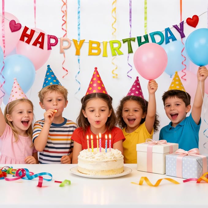 Colorful Pre-Strung 3D Happy Birthday Banner with Heart, Reusable Happy Felt Garland, Rainbow Party Decorations, Personalized Birthday Sign for Girls Boys Womens Mens