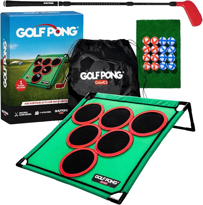 Golf Pong Game Set, Jumbo Backyard Lawn Game, Portable Indoor-Outdoor Chipping Golf Gift for Men, Women & Family Plus Club