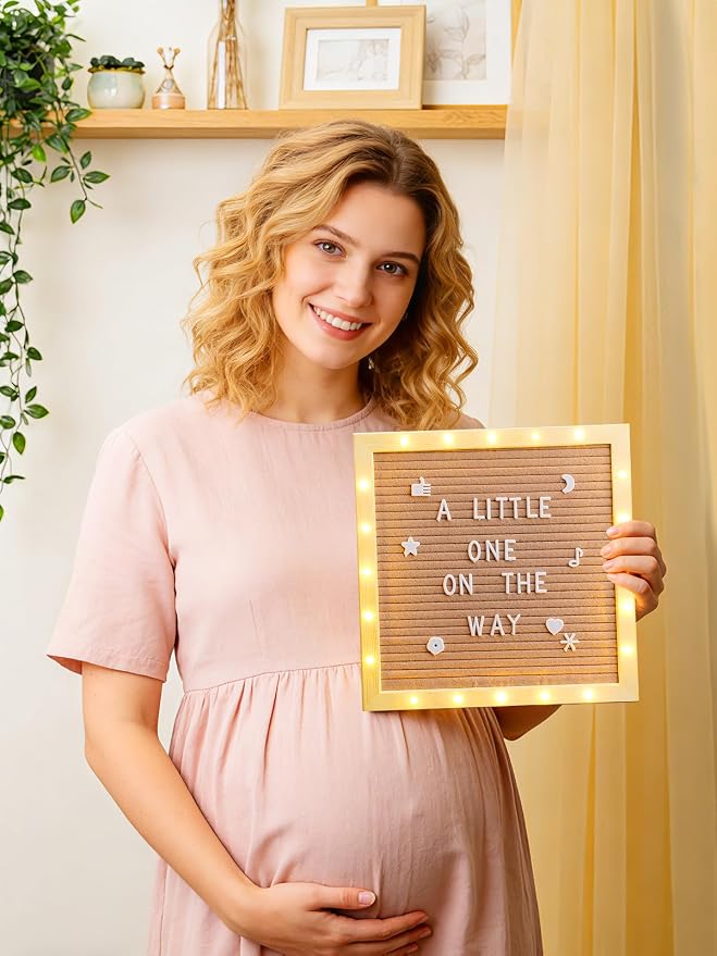 Changeable Felt Letter Board with LED Lights - 10×10" Message Custom Signs & Wood Stand& 450 Letters, Poster Board for Baby/Pregnancy Announcement/Classroom Wall Decor Gifts First Day of School, Camel
