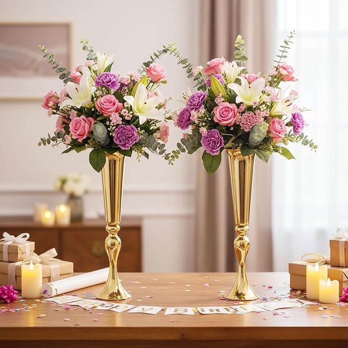 Metal Trumpet Vases for Centerpieces - Set of 10 Elegant Gold Vases for Table, 21.9" Tall Flower Stands for Table Centerpieces Anniversary Celebration Christmas Event Party Home Wedding Decorations
