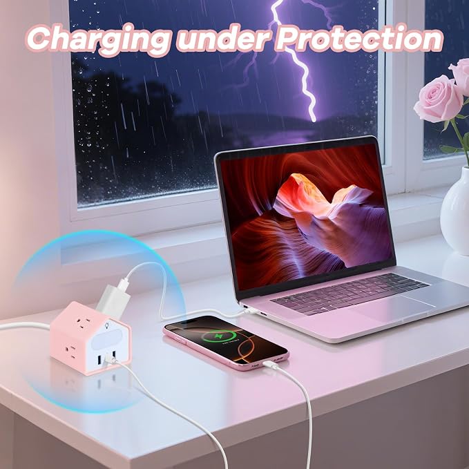 Lovely-Pink Power Strip with Night Light - Kawaii USB C Power Strip Desk Accessories - 4 Outlets 3 USB Ports - Overload Protection Plug Extender for Home, Office, Dorm, Travel, Hotel, Women, Girls