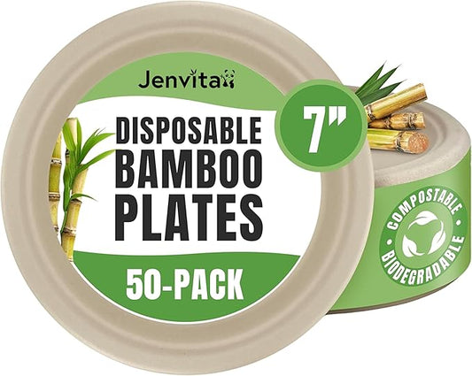 Bamboo Biodegradable Plates (50-Pack, 7-inch) | Sturdy & Microwave Safe | Heavy Duty Microwavable Disposable Plates | PFAS Free, Biodegradable | FSC Certified Alternative to Plastic