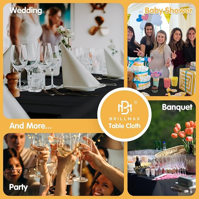 BRILLMAX 8 Pack Black Tablecloths 60 x 102 Inch for 6ft Rectangle Tables - 150 GSM Polyester Fabric, 15" Standard Drop, Water, Stain & Wrinkle Resistant Cloth Cover for Wedding Banquet Dining Buffet