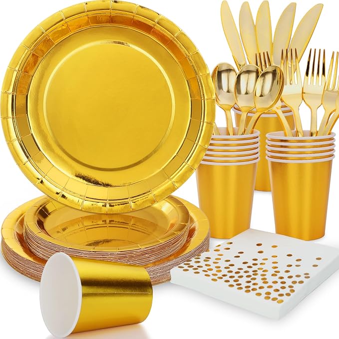 168pcs Gold Paper Plates Party Plates and Cups and Napkins Sets,Gold Plates Party Supplies Disposable Dinnerware Set Serves 24 for Anniversary Graduation Birthday Party Decorations