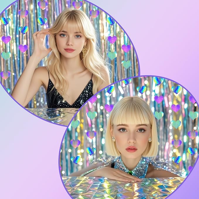 8 PCS Iridescent Disco-Holographic Party Decorations - Love-Heart Garland Streamers Banner, Disposable Laser Tablecloth, Tinsel Foil Fringe Curtains | Birthday, Bachelorette, Engagement, 90s, 80s