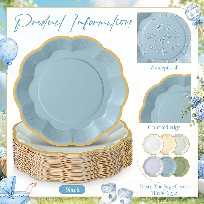 72 Pcs Boy Baby Shower Paper Plates 9 Inch Sage Green Blue Gradient Scalloped Paper Disposable Dinner Dessert Plates for One Silly Goose Birthday Wedding Bridal Party Supplies, 6 Colors