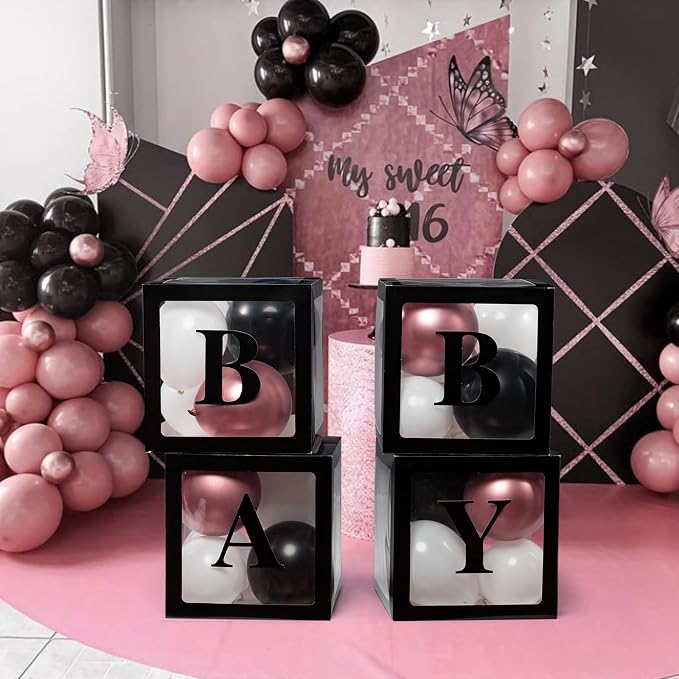 Voircoloria Baby Boxes with Letters for Baby Shower Decorations with 4 Balloon Boxes for Gender Reveal Halloween Decorations(Black)