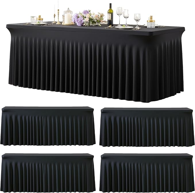 4 Pack 6ft Black Spandex Tablecloths for Rectangle Tables Wrinkle Free Black Rectangle Table Cloths Stretch Fitted Table Cover with Skirt for Wedding Birthday Party Banquet Baby Shower Buffet Event