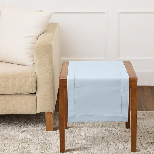 Solino Home Cotton Linen Table Runner 36 Inches - Light Blue Hemstitch Table Runner 14 x 36 Inch Ideal for Dresser and Coffee Tables, Spring, Summer, Mothers Day