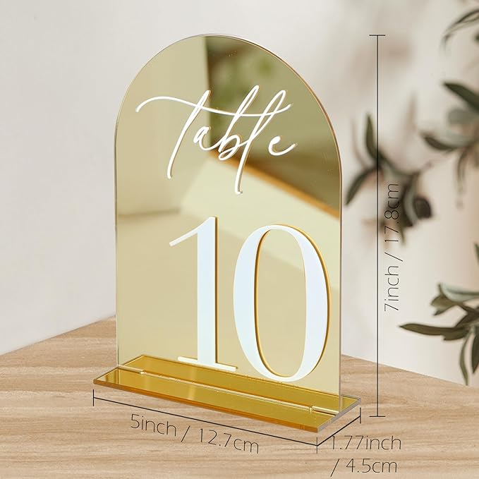 Gold Mirror Arch Acrylic Wedding table numbers 1-20 with Stands, 5"x7" Arched Acrylic Signs with White Numbers, Gold Mirror Table Numbers for Reception, Party, Anniversary, Event