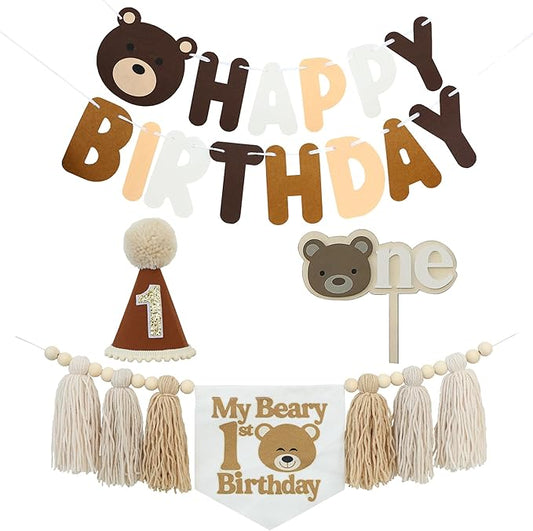 DCJHFJ Bear 1st Theme First High Chair Banner for 1st Birthday Party Decorations with One Cake Topper