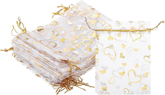 PATIKIL 100 Pcs 5x7 Inch Heart Printed Organza Bags, Gold Silver Sheer Heart Organza Bags with Drawstring for Christmas Candy Jewelry Party Wedding Favor Gift