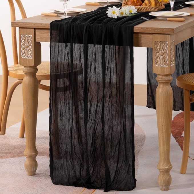 MLMC Black Table Runner 10ft Rustic Gauze Cheesecloth Table Runner 35x120 Inches Cheese Cloth Centerpiece for Wedding Party Bridal Shower Anniversary Events Gothic Decor