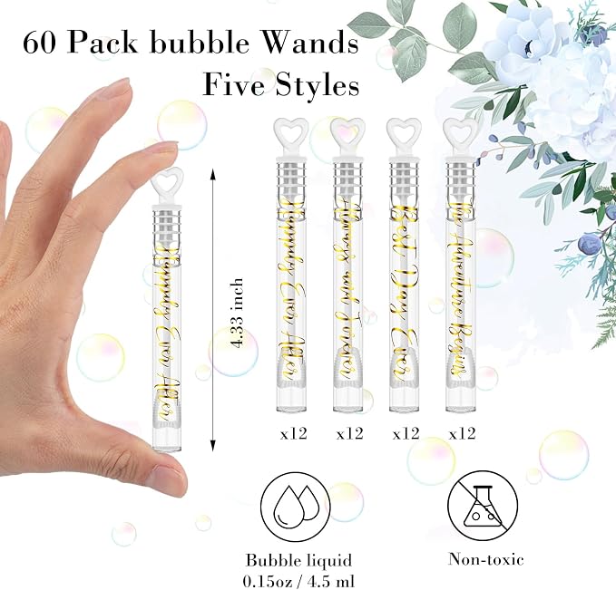 Hollowfly Wedding Mini Bubble Wands for a Wedding Bulk Heart Bubble for Guests Send Off Wand Adults Bridal Shower Party Supplies Valentine Anniversaries Celebration(60 Count,White Gold,Love Forever)