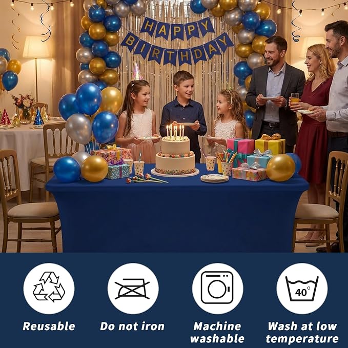 Fixwal Navy Blue Stretch Table Cloth Rectangle 2 Pack 6Ft, Spandex Fitted Table Covers Washable for Party, Trade Show, Banquet, Wedding, Buffet