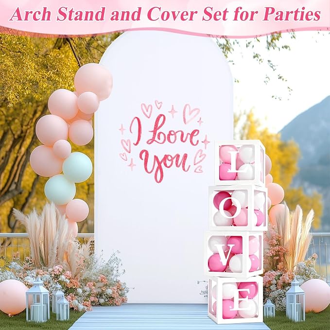 7.2FT Wedding Arch Backdrop Stand and White Cover Set for Party Event Decor | Metal Arch Stand with Spandex Backdrop Cover, Balloon Boxes, Letters, Tying Tool Kit for Baby Shower Gender Reveal Birthday