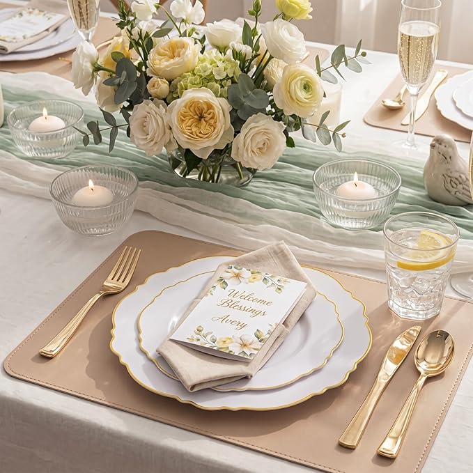 WDF 60pcs White and Gold Plastic Plates - Baroque White With Gold of 30 Heavy Duty Gold dinner plates 10.25inch, 30 Salad Plates 7.5inch Perfect for Wedding/Baby Shower/Spring/Mother's Day