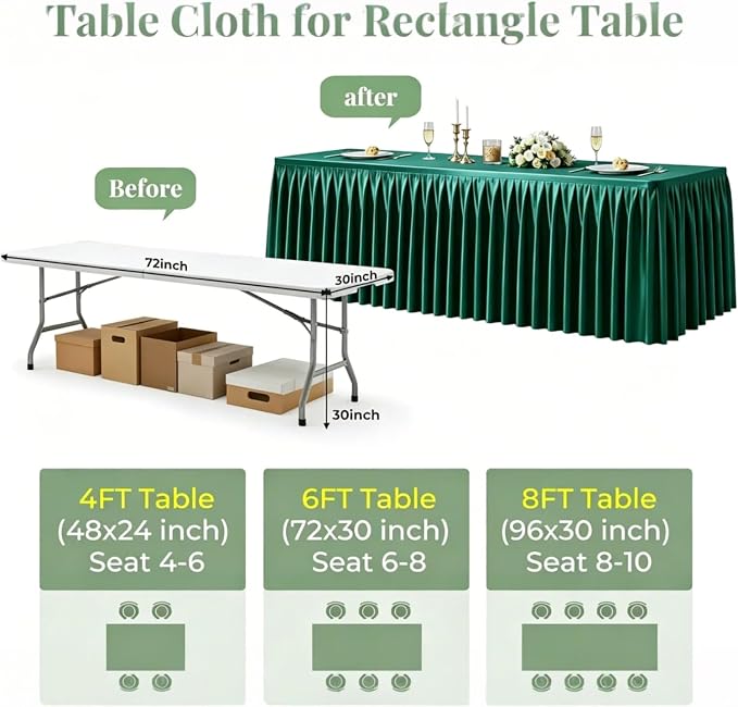 6 Packs Green Satin Tablecloths Rectangle 6FT, Glitter Spandex Fitted Stretch Table Covers Wrinkle-Free Floor Length Shimmer Table Skirt for Weddings Parties Baby Shower Banquets Vendor Events
