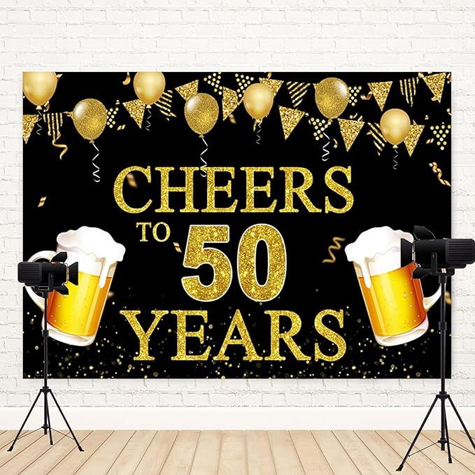 9x6ft 50th Birthday Backdrop Cheers to 50 Years Photography Background Golden Balloon Beer Men Women 50th Birthdays Party Banner Decorations Anniversary Celebration Parties Photo Booth Prop