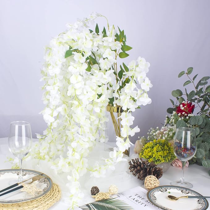 AITISOR 12 Pack Artificial Flowers Silk Wisteria Vine Ratta Hanging Flower (White)