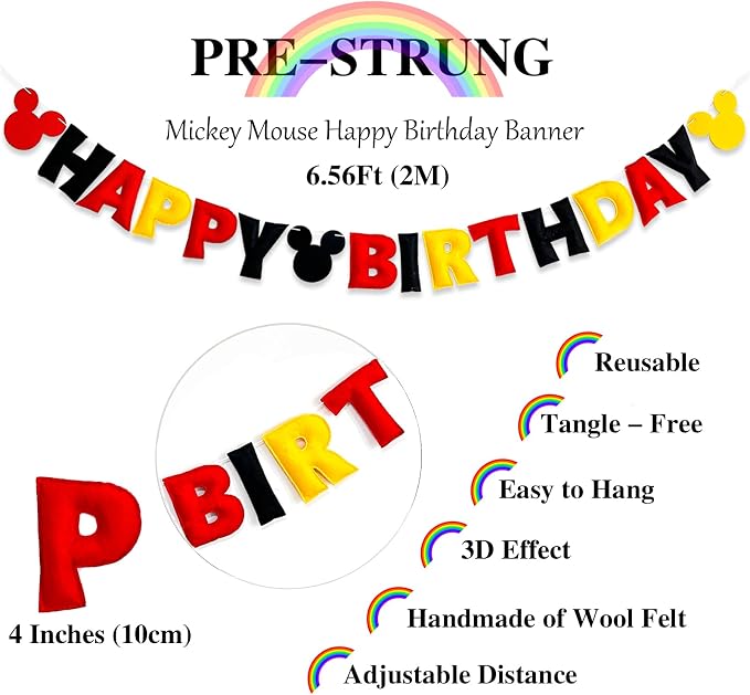 Reusable Cartoon Mouse Birthday Party Decorations - Pre-Strung Happy Birthday Banner with Red Black Yellow Mickey Style, Personalized Birthday Sign for Boys Girls Kids Babies Birthday Party Supplies